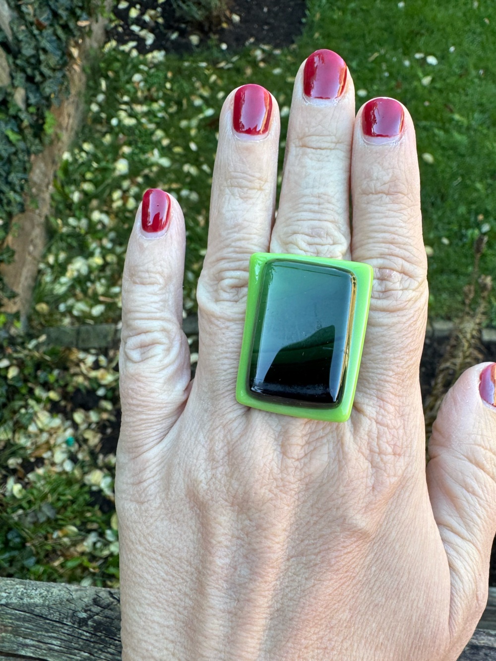 Rectangular Glass Ring Forest and Lime Green Adjustable Size 8 Bold Mod Retro